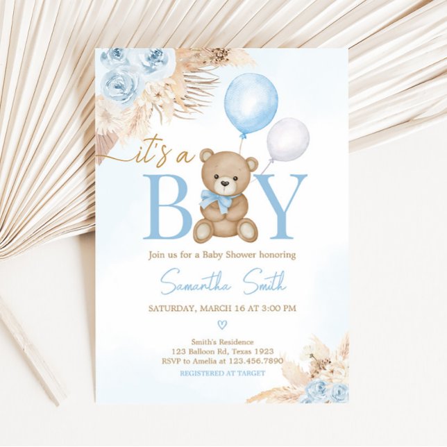 Invitación Bearly Wait Blue Bear Baby Shower (Blue Boho Bear Balloon Baby Shower Invitation)