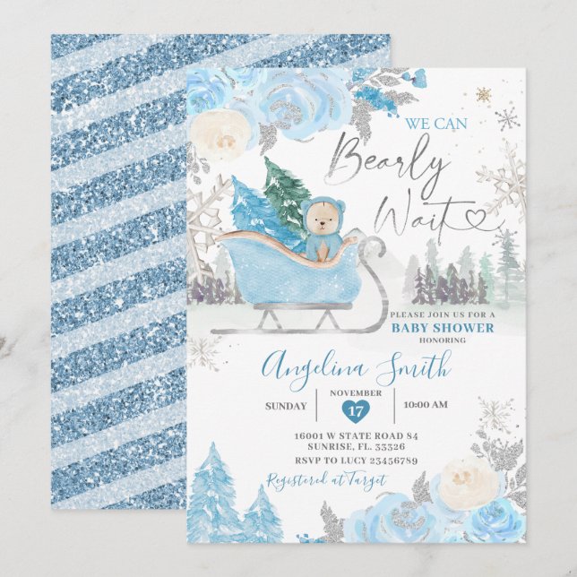 Invitación Bearly Wait Blue Snowflake Floral Baby Shower (Anverso / Reverso)