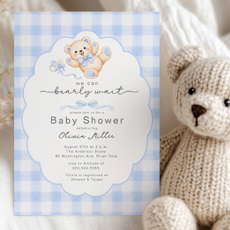 Invitación Bearly Wait Blue Teddy Bear Baby Shower Invite