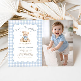 Invitación Bearly Wait Blue Teddy Bear Baby Shower Photo