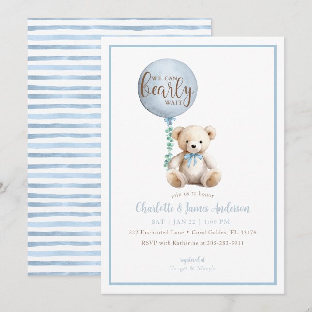 Invitación Bearly Wait Blue Teddy Bear Invite de Baby Shower (Anverso / Reverso)