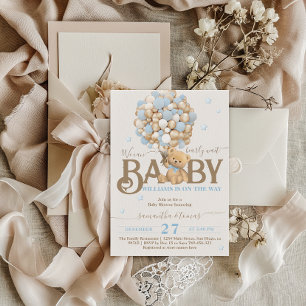 Invitación Bearly Wait Boho Blue Balloon Boy Baby Shower