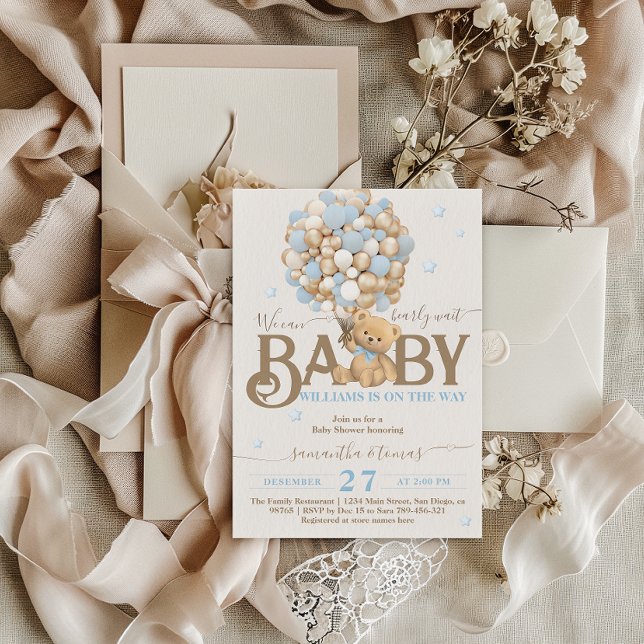 Invitación Bearly Wait Boho Blue Balloon Boy Baby Shower (Subido por el creador)