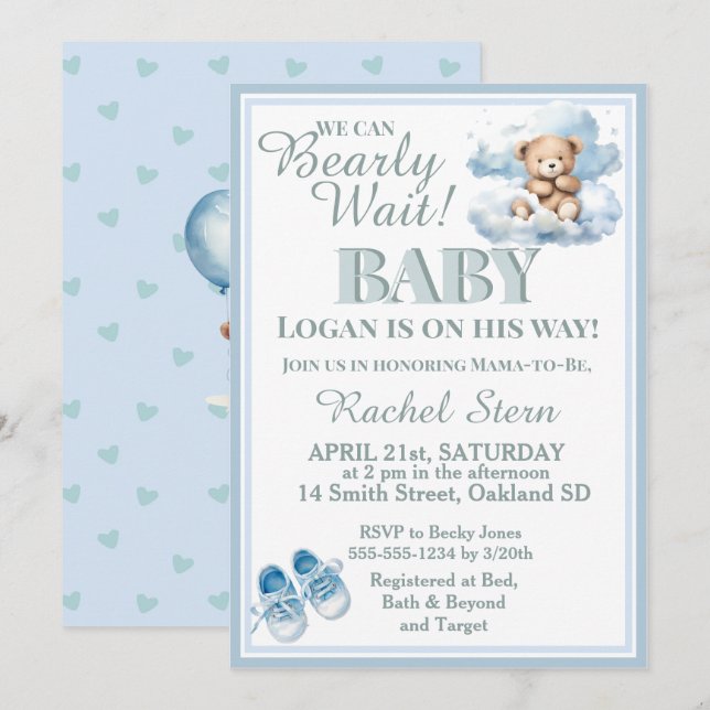 Invitación Bearly Wait- Boy Teddy Bear En Un Baby Shower En N (Anverso / Reverso)