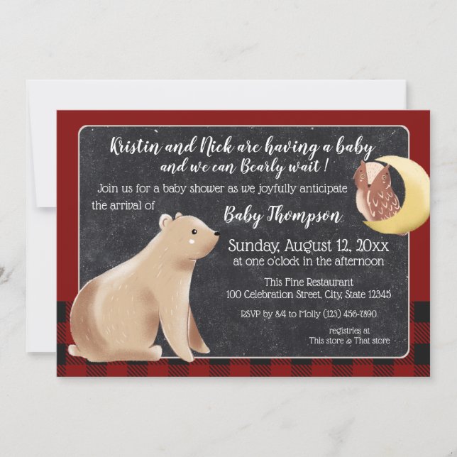 Invitación Bearly Wait Buffalo Plaid Baby Shower (Anverso)