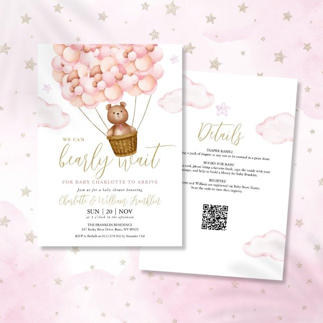 Invitación Bearly Wait Chica Rosa Todo En Un Baby Shower (Bearly Wait Pink Girl All In One Baby Shower Invitation)