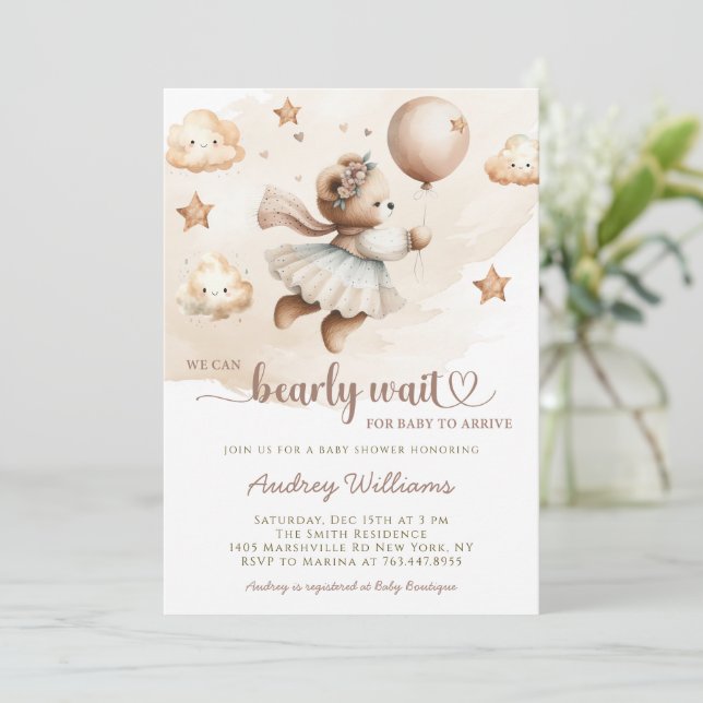 Invitación Bearly Wait Cute Chica Baby Shower (Anverso de pie)