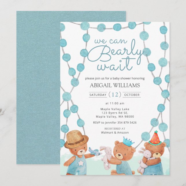 Invitación Bearly Wait Cute Watercolor Teddy Bear Baby Shower (Anverso / Reverso)