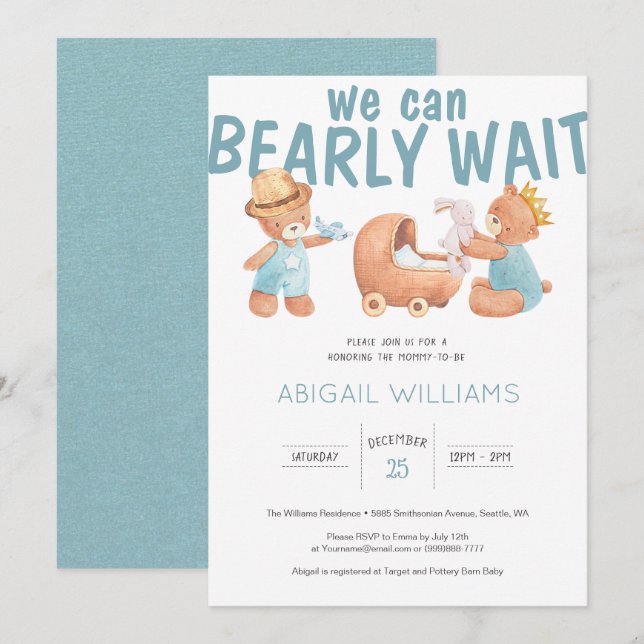 Invitación Bearly Wait Es un Baby Shower de Boy Teddy Bear (Anverso / Reverso)