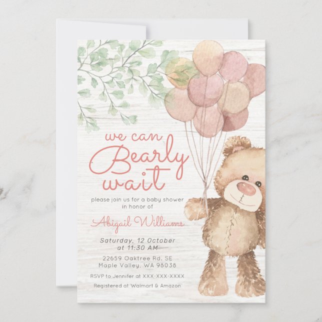 Invitación "Bearly Wait" (Esperanza temprana) Globos rosados  (Anverso)