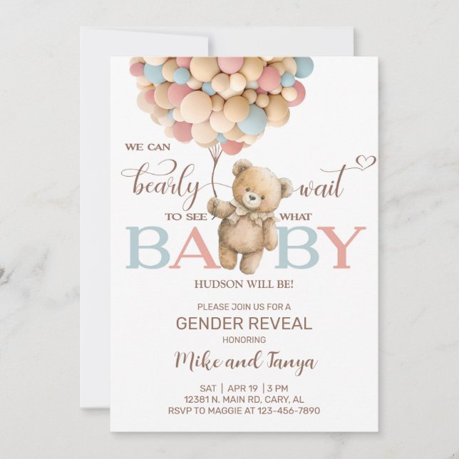 Invitación Bearly wait gender reveal invite, bear balloons. (Anverso)