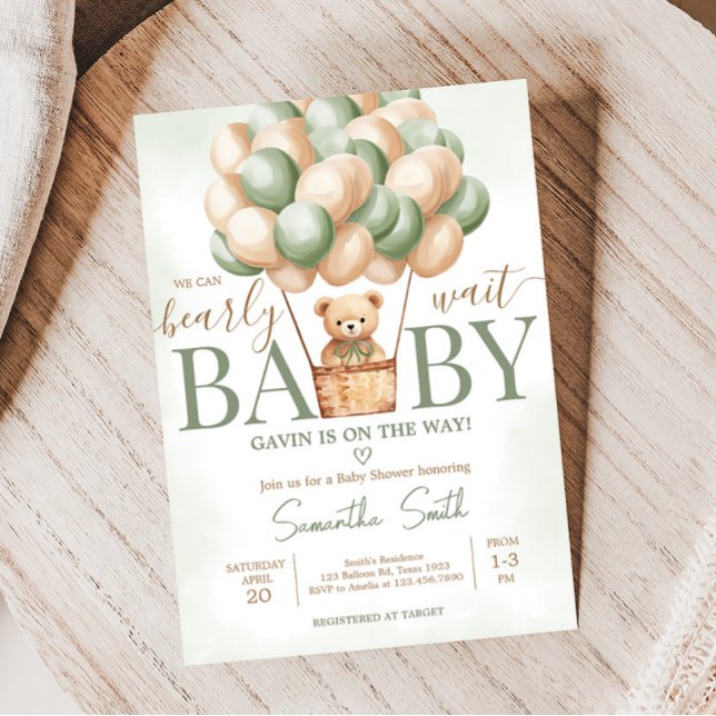 Invitación Bearly Wait Green Air Balloon Baby Shower (Gender Neutral Baby Bear Balloons Baby Shower Invitation)