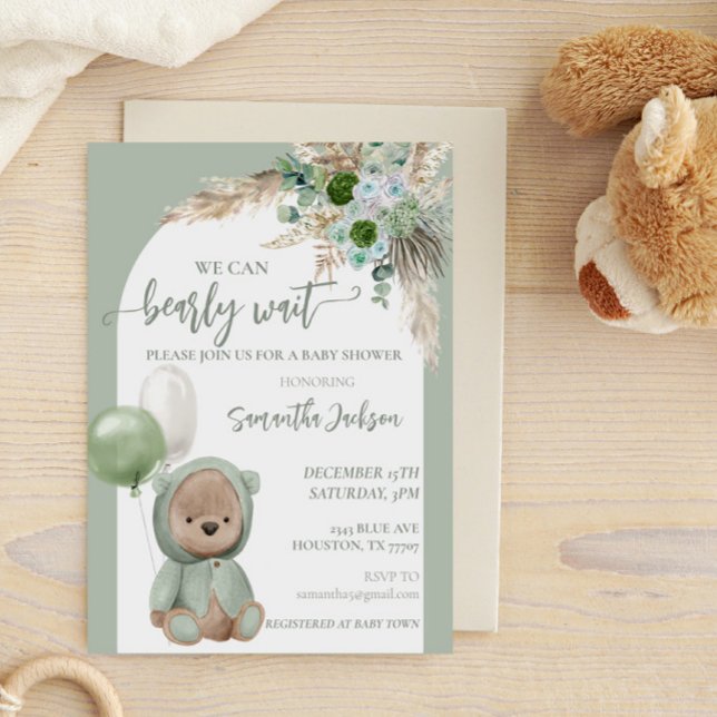Invitación Bearly Wait Green Boho Bear de Baby Shower (Subido por el creador)