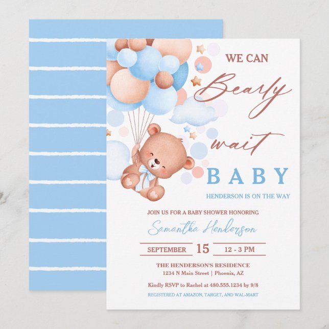 Invitación Bearly Wait Hot Air Balloon Baby Shower Blue Boy (Anverso / Reverso)