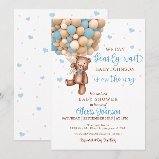 Invitación Bearly Wait Hot Air Balloon Baby Shower (Boy) (Anverso / Reverso)