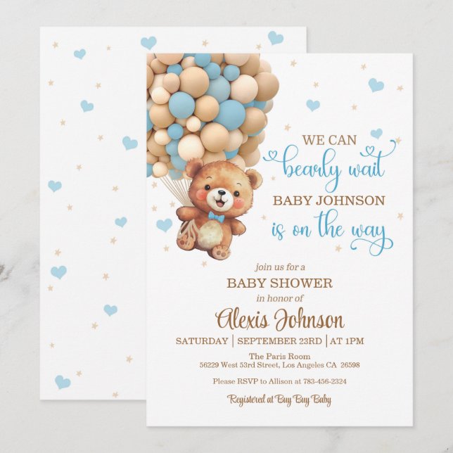 Invitación Bearly Wait Hot Air Balloon Baby Shower (Boy) (Anverso / Reverso)