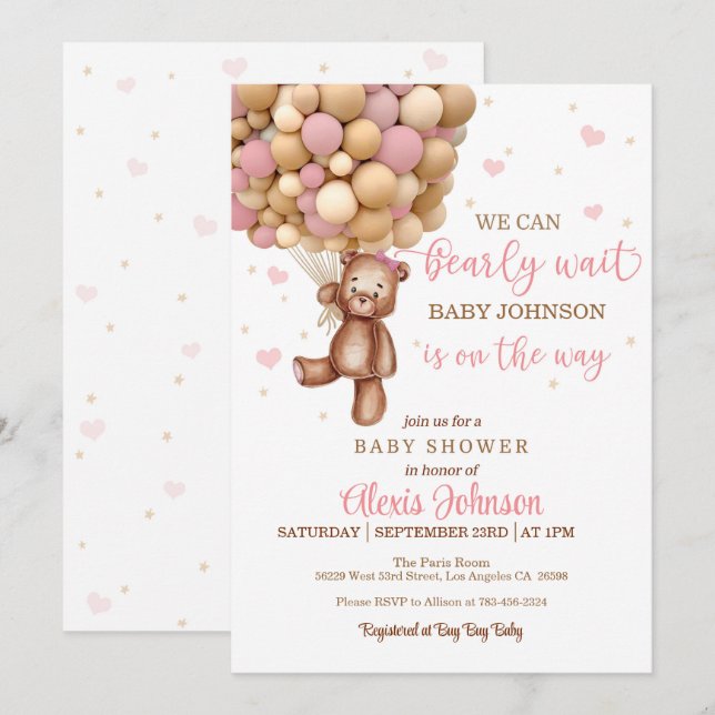 Invitación Bearly Wait Hot Air Balloon Baby Shower (Chica) (Anverso / Reverso)