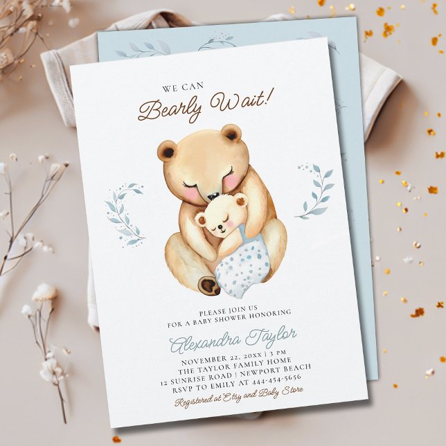 Invitación Bearly Wait Mama Bear Cub Woodland Baby Shower (we can bearly wait baby boy shower invitation mama bear cub woodland forest cute sweet animal)