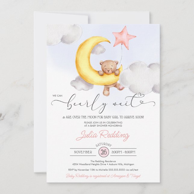 Invitación Bearly Wait Moon Star Teddy Bear Chica Baby Shower (Anverso)