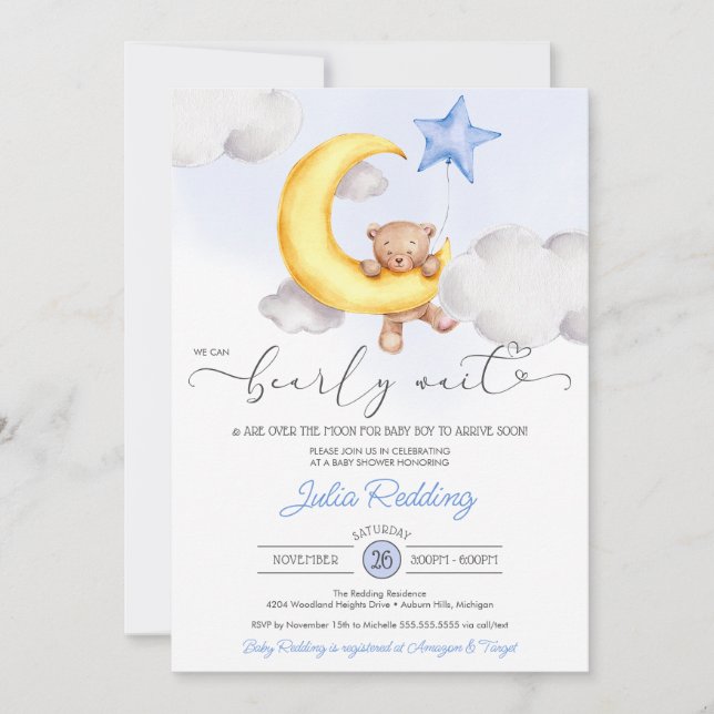 Invitación Bearly Wait Moon y Star Teddy Bear Boy Baby Shower (Anverso)