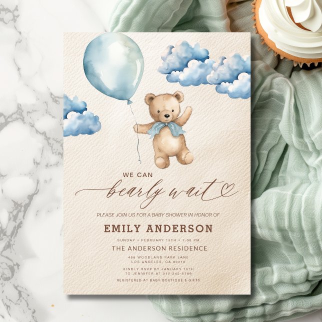 Invitación Bearly Wait Neutral Beige & Blue Boy Baby Shower (Subido por el creador)