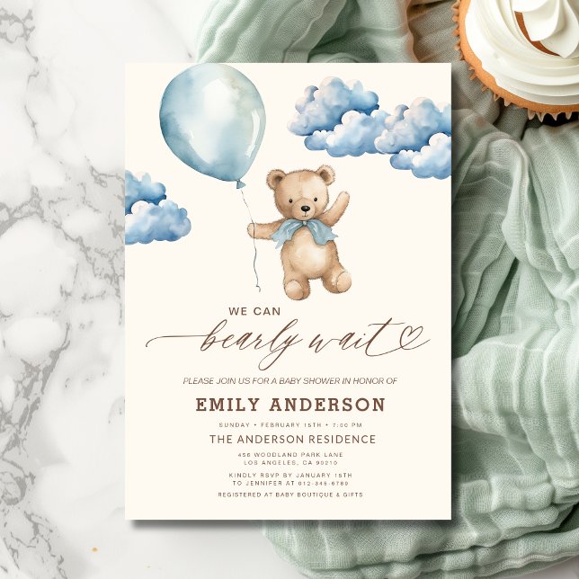 Invitación Bearly Wait Neutral Beige & Blue Boy Baby Shower (Subido por el creador)