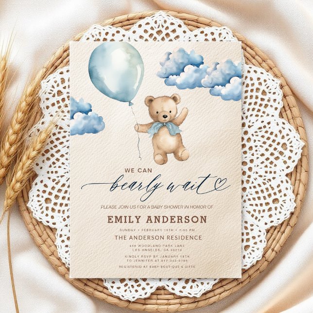 Invitación Bearly Wait Neutral Beige & Blue Boy Baby Shower (Subido por el creador)