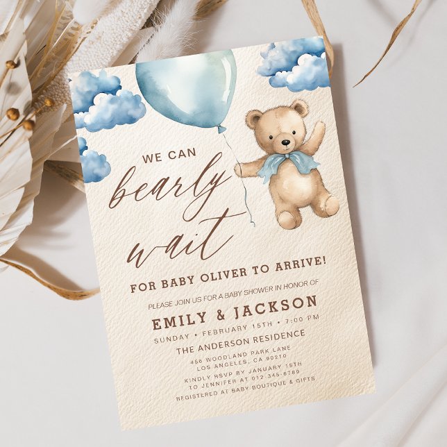 Invitación Bearly Wait Neutral Beige & Blue Boy Baby Shower (Subido por el creador)
