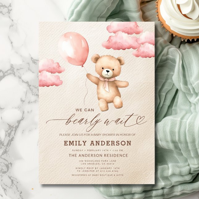 Invitación Bearly Wait Neutral Beige & Chica Rosa Baby Shower (Subido por el creador)