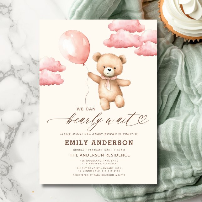 Invitación Bearly Wait Neutral Beige & Chica Rosa Baby Shower (Subido por el creador)
