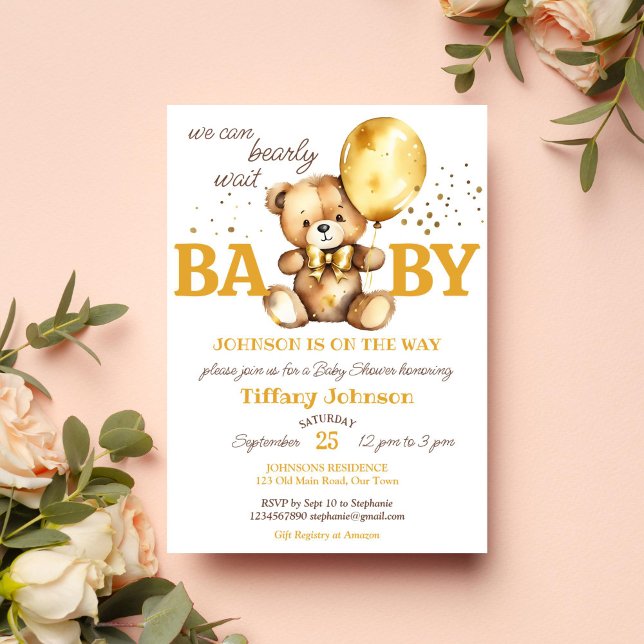 Invitación Bearly wait osito dorado bebé marrón ducha (Bearly wait teddy bear baby shower template invitation digital download gold brown balloons teddy )