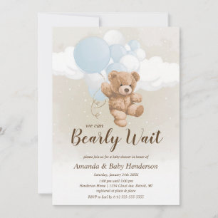 Invitación Bearly Wait Oso de Peluche Azul y Blanco para Bebé