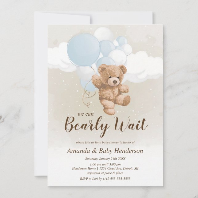 Invitación Bearly Wait Oso de Peluche Azul y Blanco para Bebé (Anverso)