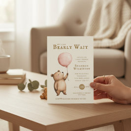 Invitación Bearly Wait Pink Balloon Baby Shower QR Code 