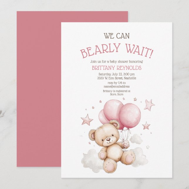 Invitación Bearly Wait Pink Bear Baby Shower (Anverso / Reverso)
