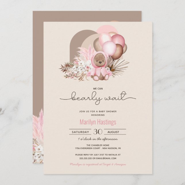 Invitación Bearly Wait Pink Boho Teddy Bear Chica Baby Shower (Anverso / Reverso)