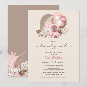 Invitación Bearly Wait Pink Boho Teddy Bear Chica Baby Shower