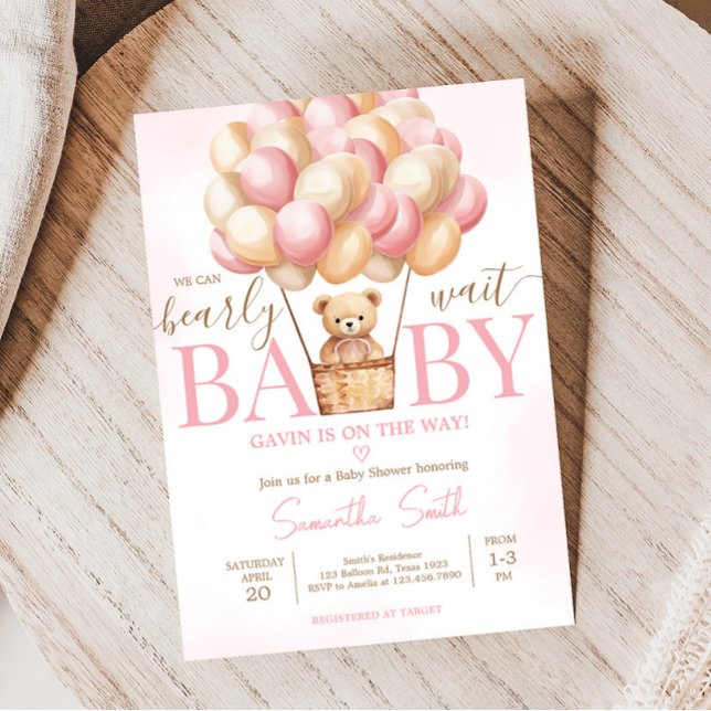 Invitación Bearly Wait Pink Hot Air Balloon Baby Shower (Girl Baby Bear Balloons Baby Shower Invitation)