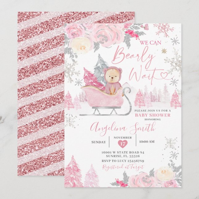 Invitación Bearly Wait Pink Snowflake Floral Baby Shower (Anverso / Reverso)