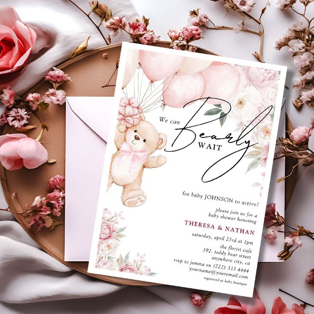Invitación Bearly Wait Pink Teddy & Florals Chica Baby Shower (Subido por el creador)