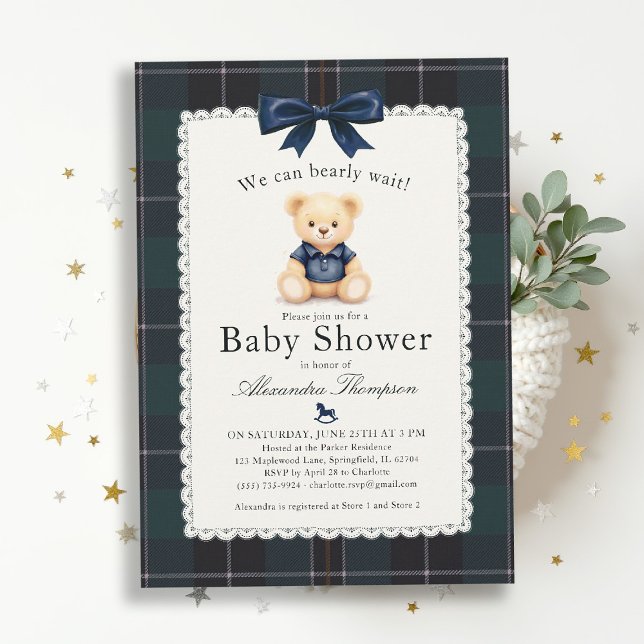 Invitación Bearly Wait Polo Bear Plaid Tartan Bow Baby Shower (bearly wait baby shower invitation traditional classic nursery decor teddy bear bow plaid tartan)