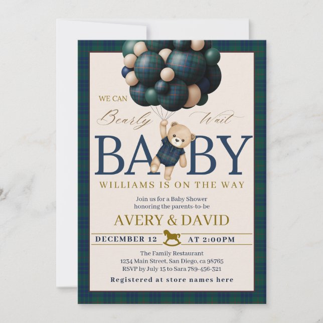 Invitación Bearly Wait Preppy Teddy Balloon Baby Shower (Anverso)