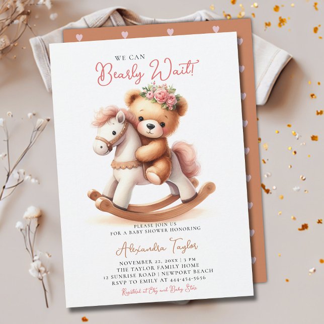 Invitación Bearly Wait Rockefeller Rosas Baby Girl Shower (we can bearly wait baby girl shower invitation teddy bear cute rocking chair cowgirl western roses)