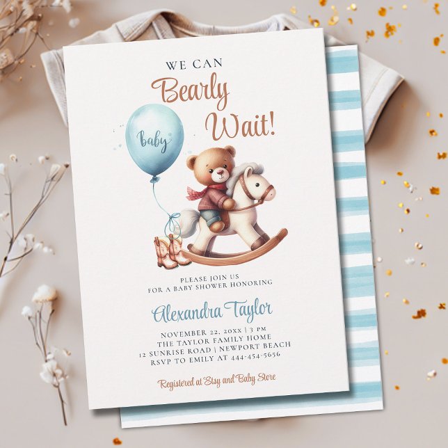 Invitación Bearly Wait Rocky Horse Cowboy Baby Shower (we can bearly wait baby boy shower invitation teddy bear cute rocking chair lil cowboy western brown)