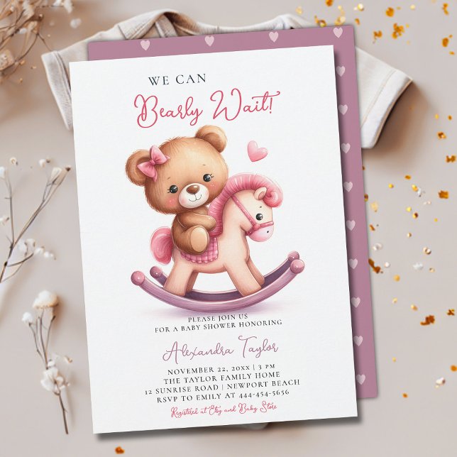 Invitación Bearly Wait Rocling Horse Bow Baby Girl Shower (we can bearly wait baby girl shower invitation teddy bear cute rocking chair cowboy western pink bow)