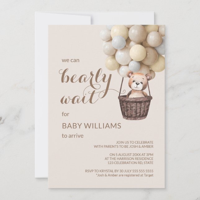 Invitación Bearly Wait Teddy Balloons Baby Shower amarillo  (Anverso)