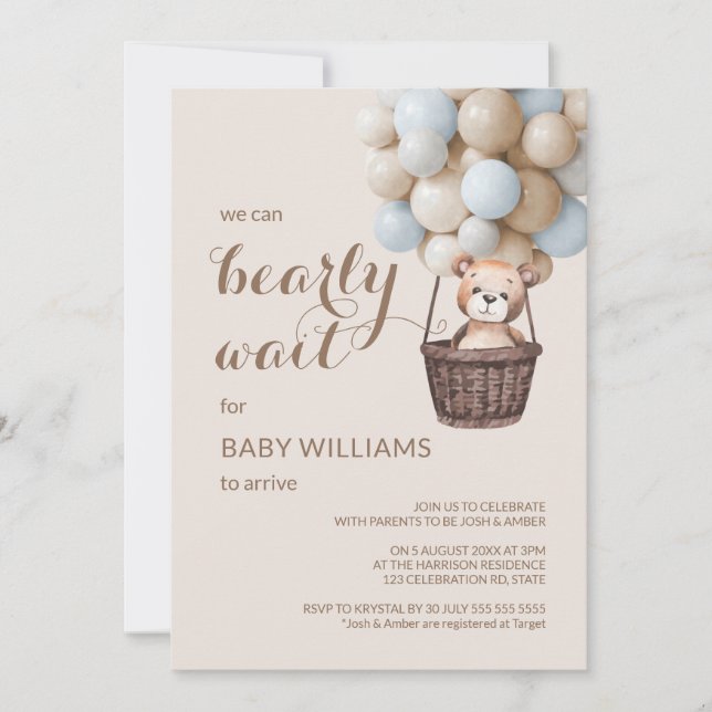 Invitación Bearly Wait Teddy Balloons Boy Invitat Baby Shower (Anverso)