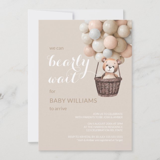 Invitación Bearly Wait Teddy Balloons Chica Baby Shower  (Anverso)