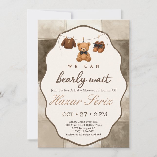 Invitación Bearly Wait Teddy Bear Baby Shower (Anverso)