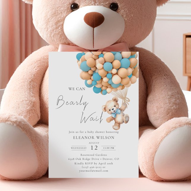 Invitación Bearly Wait Teddy Bear Baby Shower Blue Balloon (Subido por el creador)